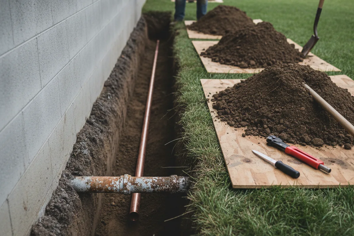 Excavated water line trench during Water Softener Installation in Saltillo